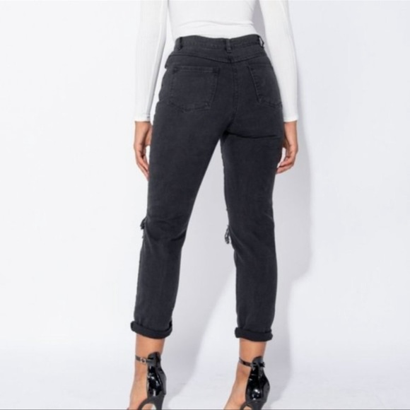 Black High Waist Ripped Distressed Cuffed Boyfriend Jeans Denim Pants - Picture 4 of 9